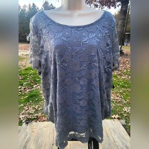 New Direction Women's Floral Lace Overlay Gray Casual Top
